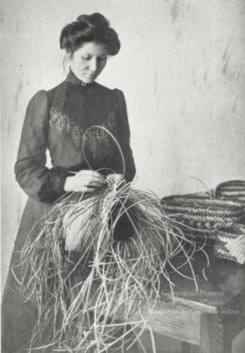 Arizona Swayney, a Cherokee student at Hampton Institute, making a basket, ca 1890s. Image courtesy of Western Carolina University. Arizona Swayney, a Cherokee student at Hampton Institute, making a basket, ca 1890s.