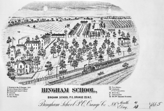 The buildings and grounds of Bingham School at Mebane as depicted in an engraving on the school's letterhead, 1885. North Carolina Collection, University of North Carolina at Chapel Hill Library. The buildings and grounds of Bingham School at Mebane as depicted in an engraving on the school's letterhead, 1885. North Carolina Collection, University of North Carolina at Chapel Hill Library.