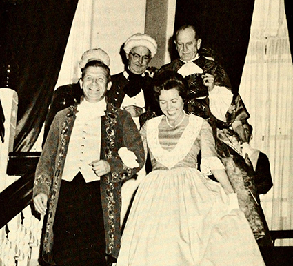 North Carolina governor Terry Sanford and his wife in period costumes at ceremonies to iaugurate the Carolina Charter Tercentenary, January 4, 1963. Image from Archive.org.