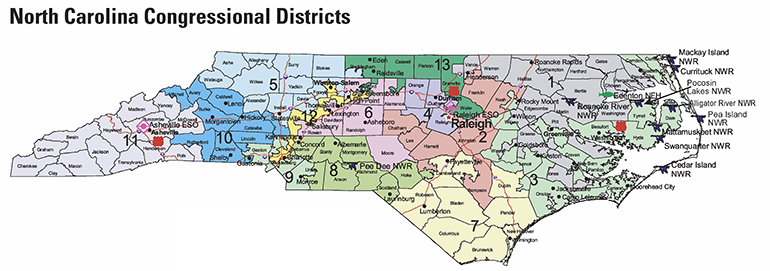 Map of North Carolina congressional districts, 2011. Image from the U.S. Fish and Wildlife Service. Map of North Carolina congressional districts, 2011. Image from the U.S. Fish and Wildlife Service.