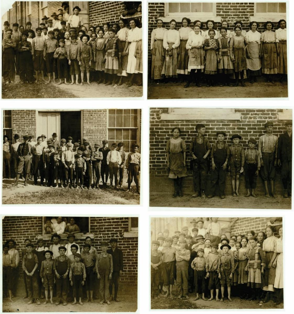 A series of six black and white photos of children who worked at the Clayton Cotton Mill. 