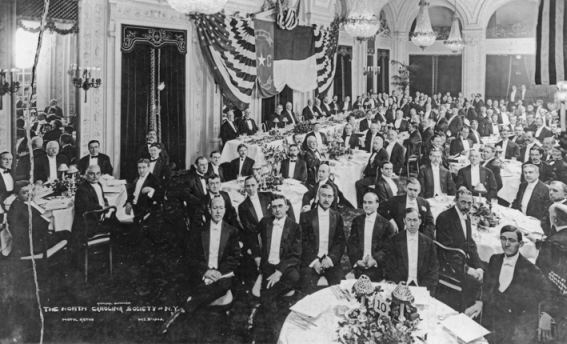 Members of the North Carolina Society of New York gathered for a dinner at the Hotel Astor, 3 Dec. 1909. North Carolina Collection, University of North Carolina at Chapel Hill Library. Members of the North Carolina Society of New York gathered for a dinner at the Hotel Astor, 3 Dec. 1909. North Carolina Collection, University of North Carolina at Chapel Hill Library.