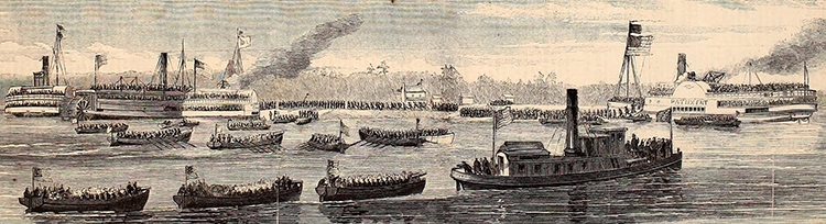 Engraving labeled "The Burnside Expedition - Landing of the national troops on Roanoke Island, under cover of the Union gunboats Delaware and Picket." Image from Archive.org. Engraving labeled "The Burnside Expedition - Landing of the national troops on Roanoke Island, under cover of the Union gunboats Delaware and Picket." Image from Archive.org.