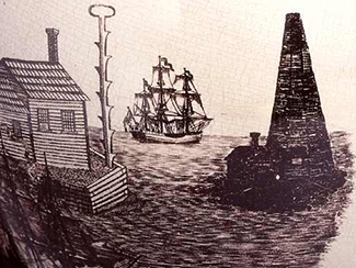 Close-up of part of the pitcher showing a look-out post with foot-holds and a ring at top and a lighthouse built with logs in the harbor. Image from the North Carolina Museum of History. Close-up of part of the pitcher showing a look-out post with foot-holds and a ring at top and a lighthouse built with logs in the harbor. Image from the North Carolina Museum of History.