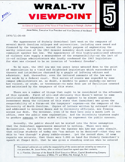 Promotional transcript of a televised "Viewpoint" editorial from Jesse Helms of WRAL-TV, November 26, 1968. Image from the North Carolina Collection, University of North Carolina at Chapel Hill.
