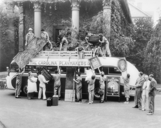 Members of the Carolina Playmakers load a bus with props before leaving on a tour in the fall of 1941. The company, based at the University of North Carolina in Chapel Hill, played an important role in the development of American folk drama and nurtured several generations of North Carolina theater artists. North Carolina Collection, University of North Carolina at Chapel Hill Library. Members of the Carolina Playmakers load a bus with props before leaving on a tour in the fall of 1941. The company, based at the University of North Carolina in Chapel Hill, played an important role in the development of American folk drama and nurtured several generations of North Carolina theater artists. North Carolina Collection, University of North Carolina at Chapel Hill Library.