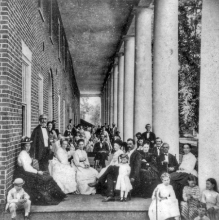 Guests on the portico of the hotel at Hot Springs, ca. 1873. Photograph by Rufus Morgan. North Carolina Collection, University of North Carolina at Chapel Hill Library. Guests on the portico of the hotel at Hot Springs, ca. 1873. Photograph by Rufus Morgan. North Carolina Collection, University of North Carolina at Chapel Hill Library.