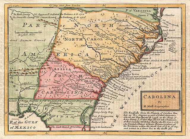 Un mapa en color que muestra Carolina del Norte, Carolina del Sur y Florida. Carolina del Norte tiene un tono naranja claro. Se muestran ríos, condados y ciudades.