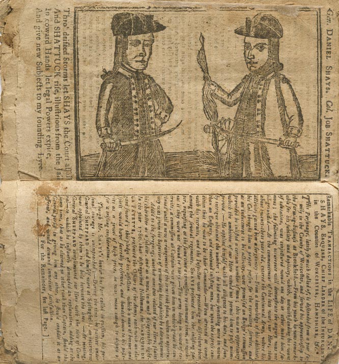 Newspaper print depicting Daniel Shays and Job Shattuck.