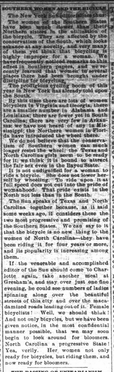 Image of a newspaper article entitled, "Southern Women and the Bicycle"
