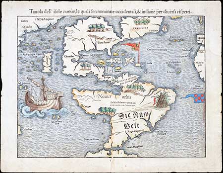 This image shows a very early European map of North and South America by Swiss mapmaker Sebastian Munster, created about 1540. How does this compare to a map of the western hemisphere today? Can you find Canada? From the collection of Davidson College. Click on the image to explore and zoom in on a larger image.
