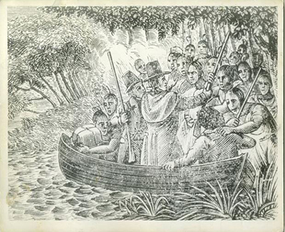 An engraving depicting of the capture of John Lawson and Baron Christoph von Graffenried as they traveled on the Neuse River by the Tuscarora people. 