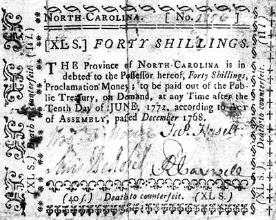 A North Carolina forty shilling bill signed by James Hasell, 1768-1771. Image from the North Carolina Museum of History. A North Carolina forty shilling bill signed by James Hasell, 1768-1771. Image from the North Carolina Museum of History.