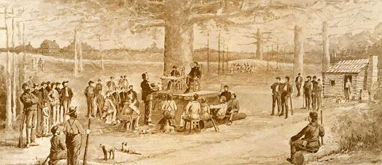 Artist's interpretation of the May 1775 meeting of the Transylvania House of Delegates at Boonesborough (1901). Image from the North Carolina Museum of History. Artist's interpretation of the May 1775 meeting of the Transylvania House of Delegates at Boonesborough (1901). Image from the North Carolina Museum of History.