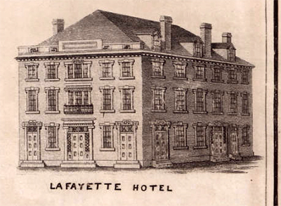 Image of the Lafayette Hotel in Fayetteville, N.C. Excerpted from John MacRae's 1825 map of Fayetteville. Call number Cm912c F28 1825, North Carolina Collection, UNC-Chapel Hill. Presented online at North Carolina Maps. The hotel was Donaldson's first architectural venture and was built for the 1825 visit of General Lafayette. Image of the Lafayette Hotel in Fayetteville, N.C. Excerpted from John MacRae's 1825 map of Fayetteville. Call number Cm912c F28 1825, North Carolina Collection, UNC-Chapel Hill. Presented online at North Carolina Maps. The hotel was Donaldson's first architectural venture and was built for the 1825 visit of General Lafayette.