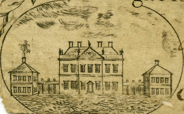 Detail of a 1775 North Carolina five dollar bill, showing Tryon Palace. Image from North Carolina Collection, University of North Carolina at Chapel Hill. Detail of a 1775 North Carolina five dollar bill, showing Tryon Palace. Image from North Carolina Collection, University of North Carolina at Chapel Hill.