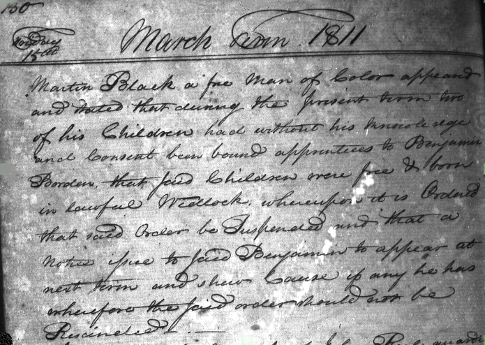 A court document. Cursive writing tells about Martin's children being indentured without his knowledge. 