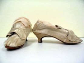 White, pointed high heels, "straight" design, ca. 1760; worn by Mrs. Wilson Blount (signed on soles). Available from the North Carolina Museum of History. White, pointed high heels, "straight" design, ca. 1760; worn by Mrs. Wilson Blount (signed on soles).
