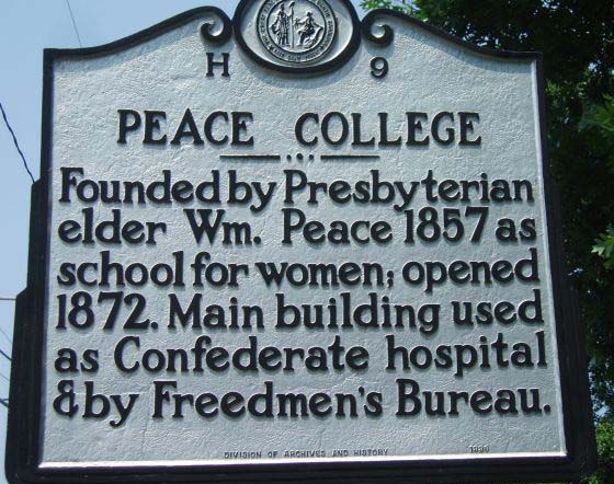 Peace College mile marker is located in Wake County. Photo is courtesy of the North Carolina HIghway Historical Marker Program.