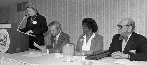 Jane Patterson, Governor Hunt, Elizabeth D. Koontz, and Secretary of State Thad Eure at a NC 2000 meeting. Image courtesy of the News and Observer /State Archives of North Carolina..