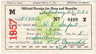 Receipt for Union Dues, Salisbury, N.C., 1957. Image from the North Carolina Historic Sites.