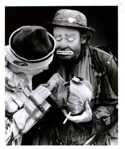 Photo of Emmett Kelly, Circus Clown, in Raleigh, NC. Image courtesy of NC Museum of History, call #: H.1957.63.20. 