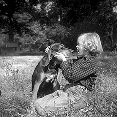 One of the Plott's Plott Hounds, 1952, with a Plott little girl. From Conservation and Development Department, Travel and Tourism Division Photo Files, North Carolina State Archives, call #: C&D 8623-E. 