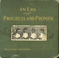 Green book cover with picture of four black women in white behind four black men in black. Text reads "An Era of Progress and Promise. The Clifton Conference."