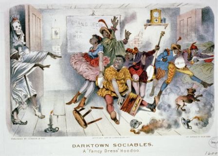 "Darktown sociables, a "fancy dress" hoodoo."  Created by Currier & Ives., c1890, Caricature issued as part of the "Darktown comics" series. Image courtesy of Library of Congress.