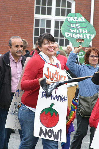 " FLOC (Farm Labor Organzing Committee) rally at an RJ Reynolds shareholders' meeting in Winston Salem, May 6, 2009." Image courtesy of Barb Howe. 