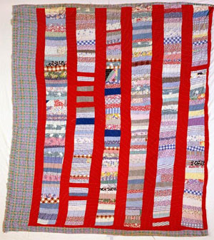 Hand-pieced quilt fashioned from fabric scraps and feed bags, made by Eliza Arrington, ca. 1930-1939, Wake County, N.C. From the collections of the North Carolina Museum of History, used courtesy of the North Carolina Department of Cultural Resources. 