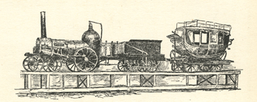 Sketch of steam locomotive. It is pulling a tender and a carriage behind it on an elevated track. 