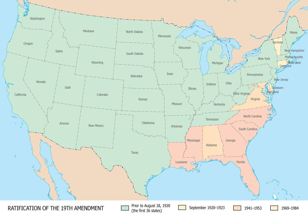 Map of the United States, showing the states that ratified the 19th amendment 