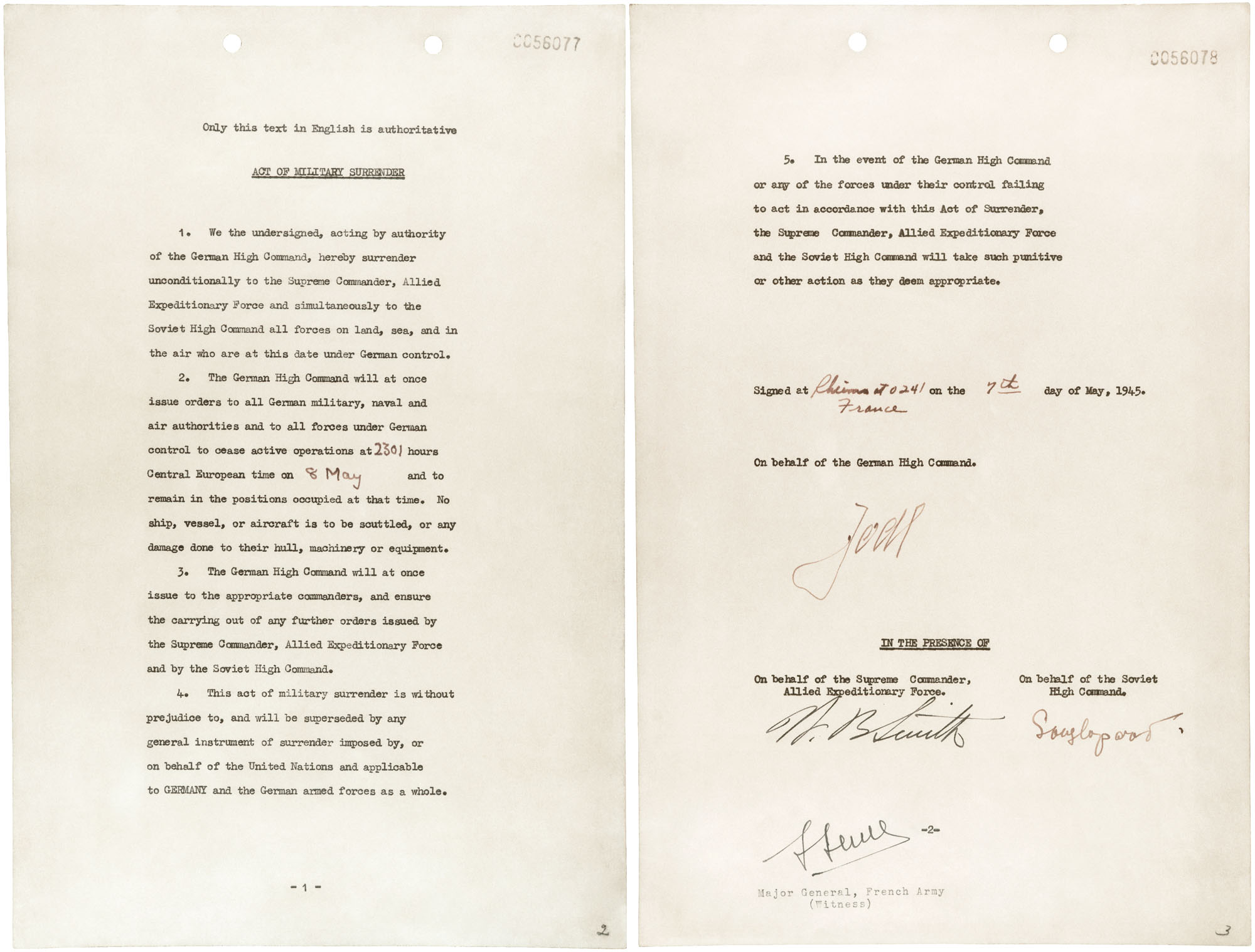 A typed terms of surrender from Germany to the Allies.