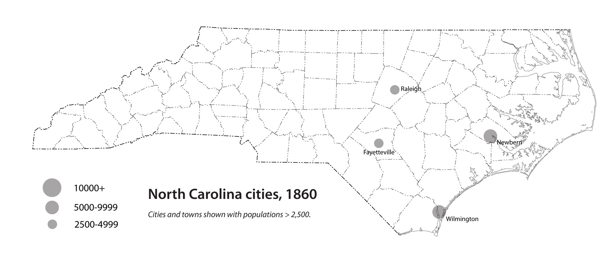 Map of North Carolina cities in 1860