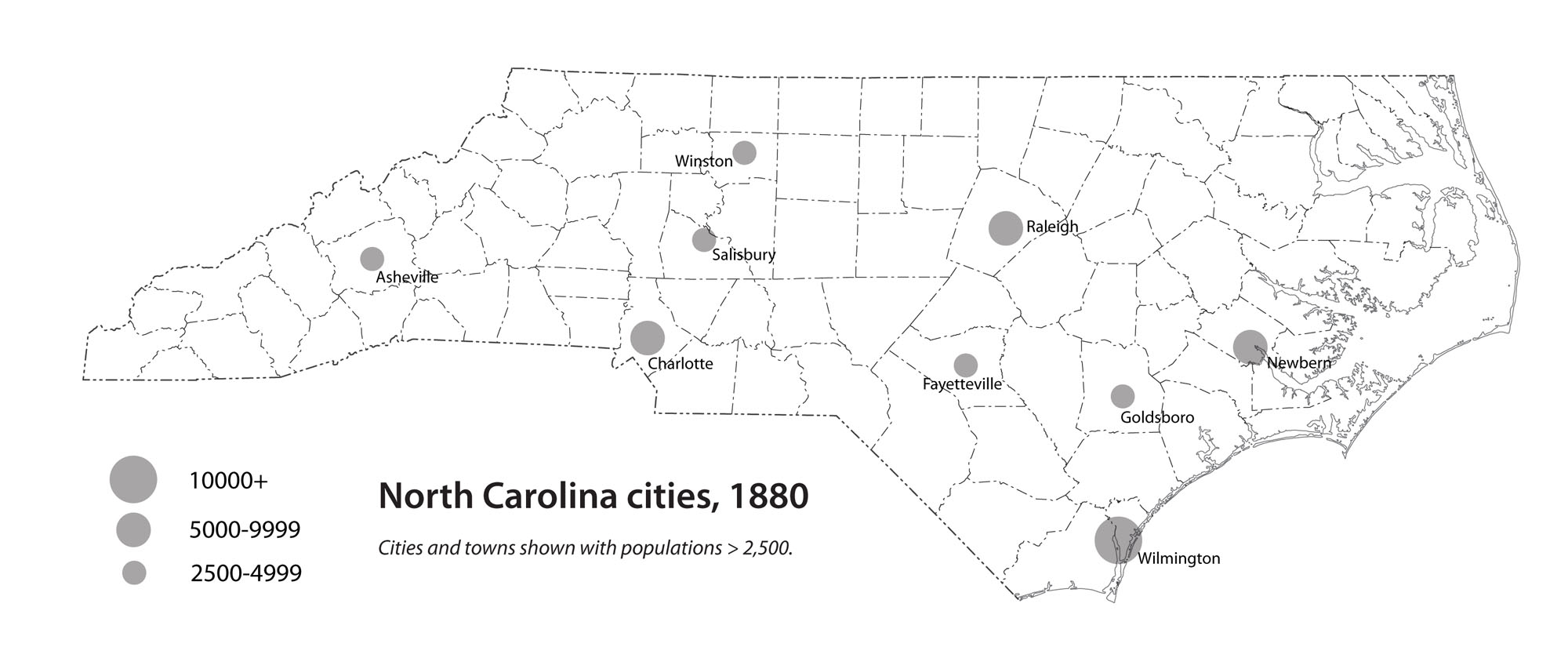 Map of North Carolina cities in 1880