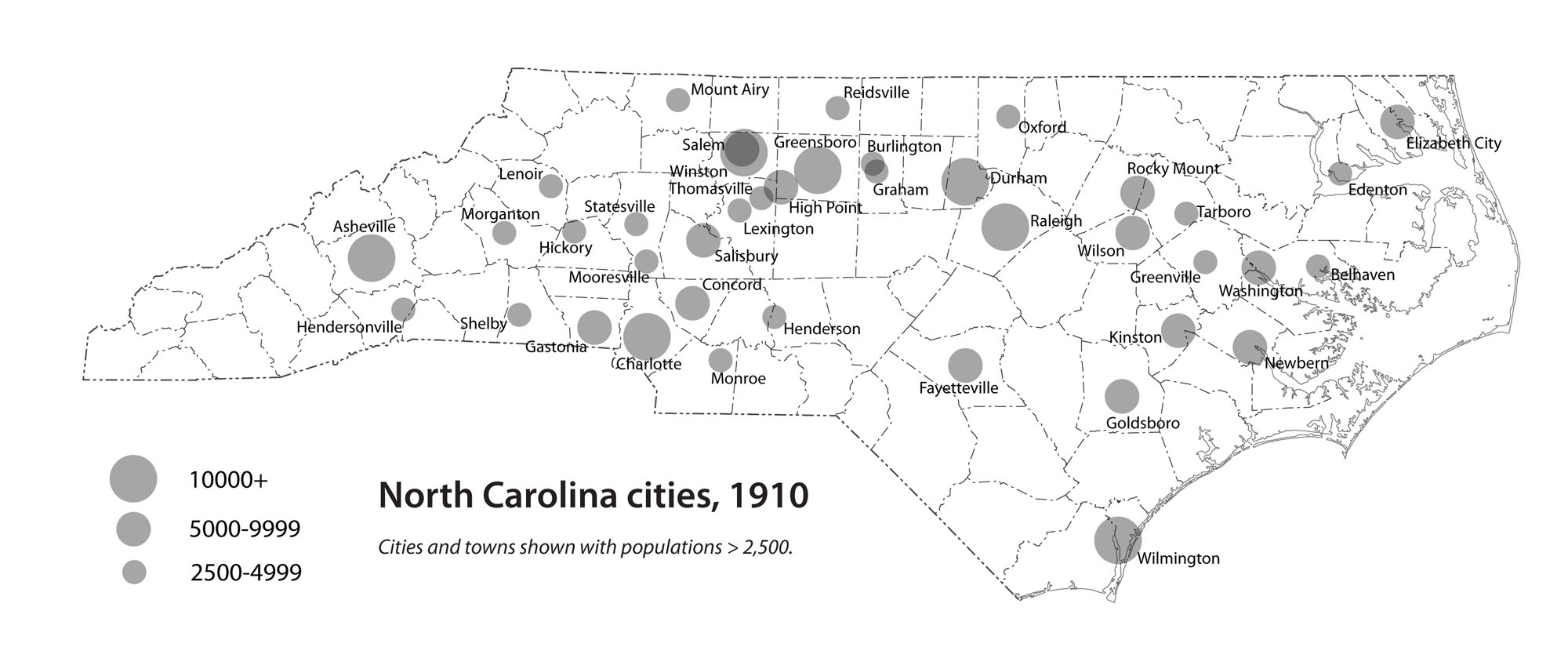Map of North Carolina cities in 1910