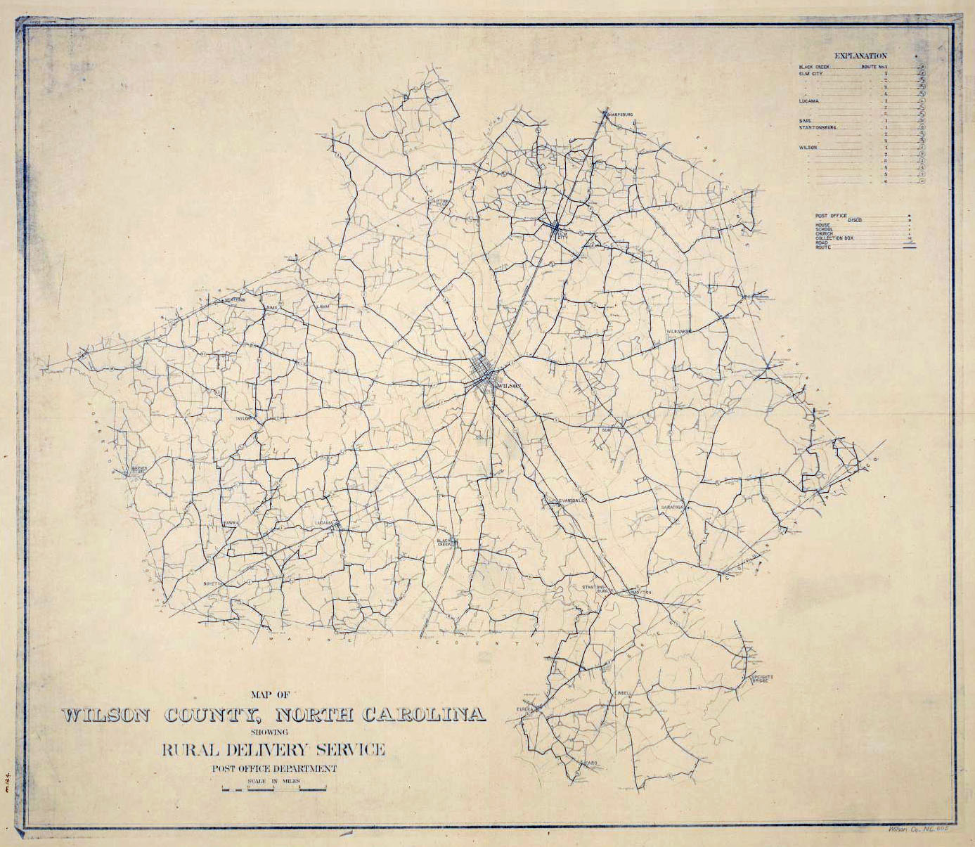 Map of Wilson County, North Carolina, showing rural delivery service.