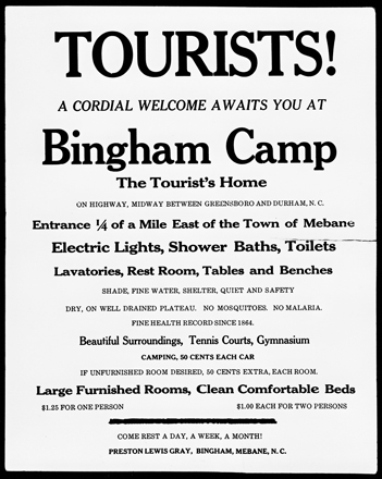 Broadside advertising the Bingham Camp for tourists at Mebane, ca. 1930. North Carolina Collection, University of North Carolina at Chapel Hill Library.