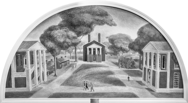 An oil painting by Kentucky muralist Frank Long depicts the original quadrangle at Davidson College as it looked during the second half of the nineteenth century. Photograph courtesy of Davidson College.