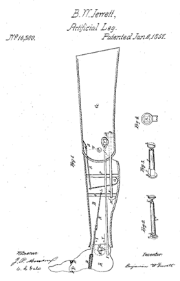 A drawing of a patent for Jewett's artificial leg. It shows an image of an artificial leg and the tools 