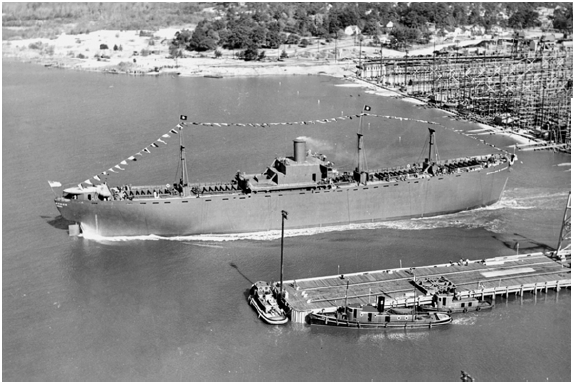 The SS Zebulon Baird Vance, a Liberty ship, heads out into the Cape Fear River after its launching in Wilmington, N.C., on December 6, 1941. The North Carolina Shipbuilding Company built many vessels like this one during World War II.
