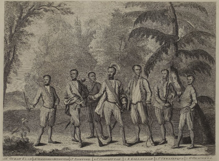 Cherokee ambassadors in European clothes. Numbers under each person correspond to numbered names below the image. Attakullakulla is in the center and labeled number 1, identified with an alternate spelling of his name, "OK Oukah Ulah."