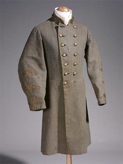 A long gray coat with long sleeves.  There are two rows of gold-colored buttons down the front. 