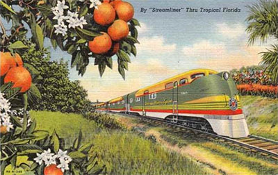 Postcard image of the Orange Blossom Special, ca. 1950, used by the Seaboard Airline Railway. Ervin Rouse's iconic composition "Orange Blossom Special" was inspired by the train. From the collections of the North Carolina Museum of History.  Used courtesy of the North Carolina Department of Natural and Cultural Resources. 