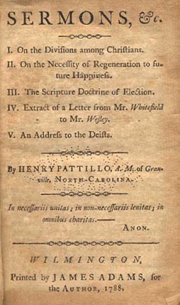 Title page of Henry Pattillo's book of sermons, 1788. Image from the North Carolina Highway Historical Marker Program.