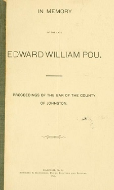 Title page of Proceedings of the Bar of The County of Johnston in Memory of Edward William Pou. Image from the Internet Archive.