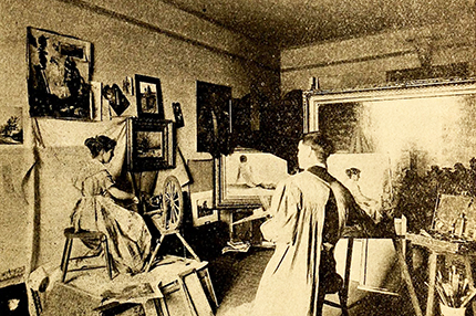 William George Randall in his Corcoran Building studio painting his work "The Spinner." Image from Archive.org.