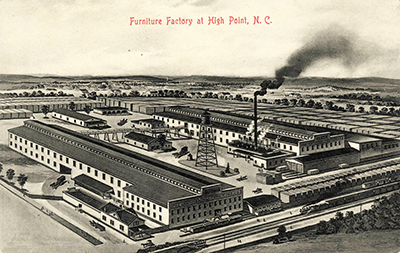 A postcard circa 1905-1915 showing the Continental Furniture Company factory of Fred N. Tate in High Point. Image from the North Carolina Collection, University of North Carolina at Chapel Hill. 