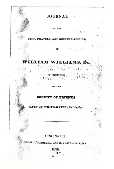 Image of cover page of William William's <i>Journal</i>, published 1828 by Lodge, L'Hommedieu, and Hammond, Cincinnati, OH. Presented on Archive.org. 